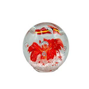 Art Glass Paperweight Orange Flower & Butterfly Round Ball Shaped Vintage Decor